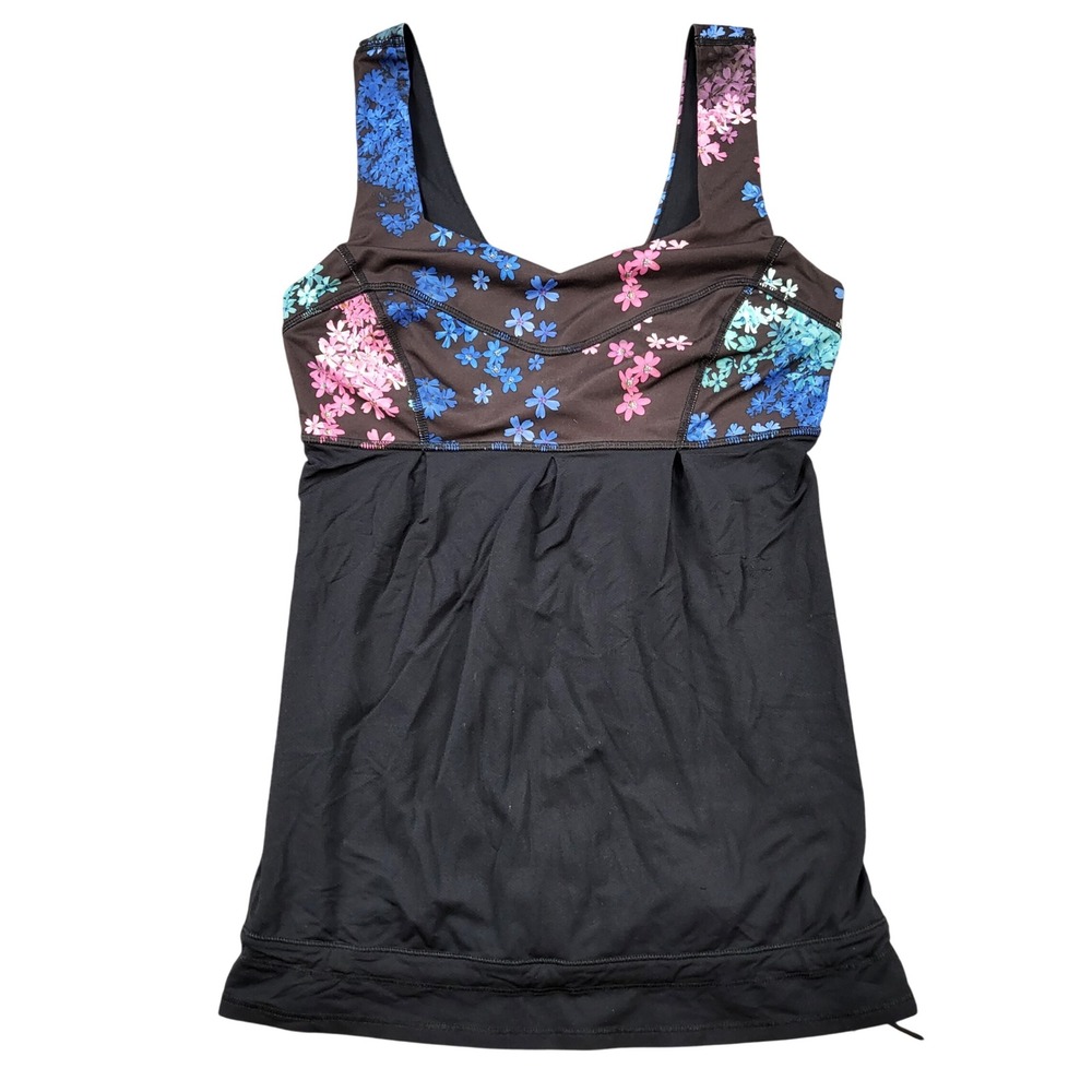 Lululemon Women's Run Back On Track Tank Top Black Floral Size 4 Drawstring Hem